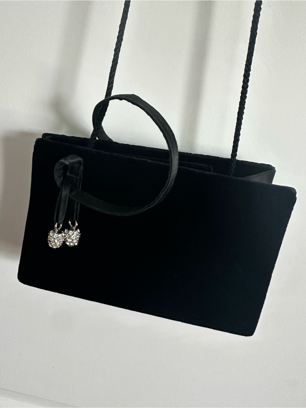Black Velvet Evening Shoulder Bag with Crystal Charm